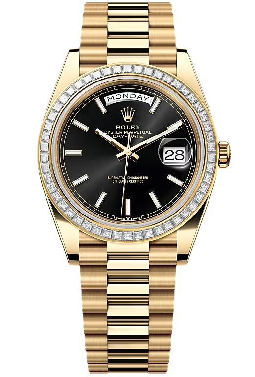 Rolex Day-Date "President" 40mm Yellow Gold Black Index Dial Trapeze Diamond Bezel - 228398TBR - New 2026