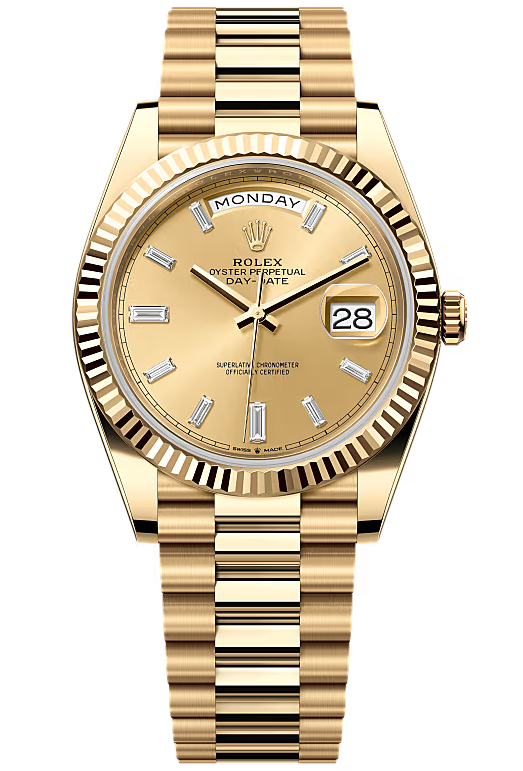 Rolex Day-Date "President" 40mm Yellow Gold Champagne Diamond Baguette Dial - 228238 - New 2025