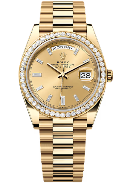 Rolex Day-Date "President" 40mm Yellow Gold Champagne Diamond Baguette Dial Diamond Bezel – 228348RBR – New 2026