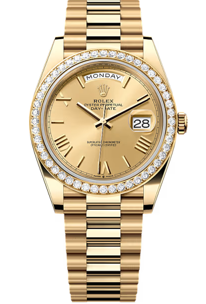 Rolex Day-Date "President" 40mm Yellow Gold Champagne Roman Numeral Dial Diamond Bezel – 228348RBR – New 2026