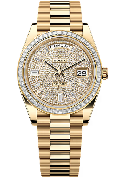 Rolex Day-Date "President" 40mm Yellow Gold Diamond Pave Dial Trapeze Diamond Bezel – 228398TBR – New 2026