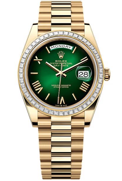 Rolex Day-Date “President” 40mm Yellow Gold Green Ombre Dial Trapeze Diamond Bezel – 228398TBR – New 2026
