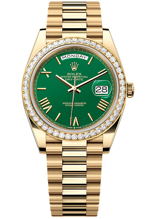 Rolex Day-Date "President" 40mm Yellow Gold Green Roman Dial Diamond Bezel - 228348RBR - New 2025