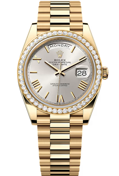 Rolex Day-Date "President" 40mm Yellow Gold Silver Roman Dial Diamond Bezel – 228348RBR – New 2026