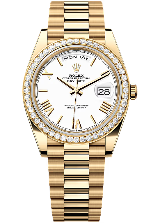 Rolex Day-Date "President" 40mm Yellow Gold White Roman Dial Diamond Bezel - 228348RBR - New 2025