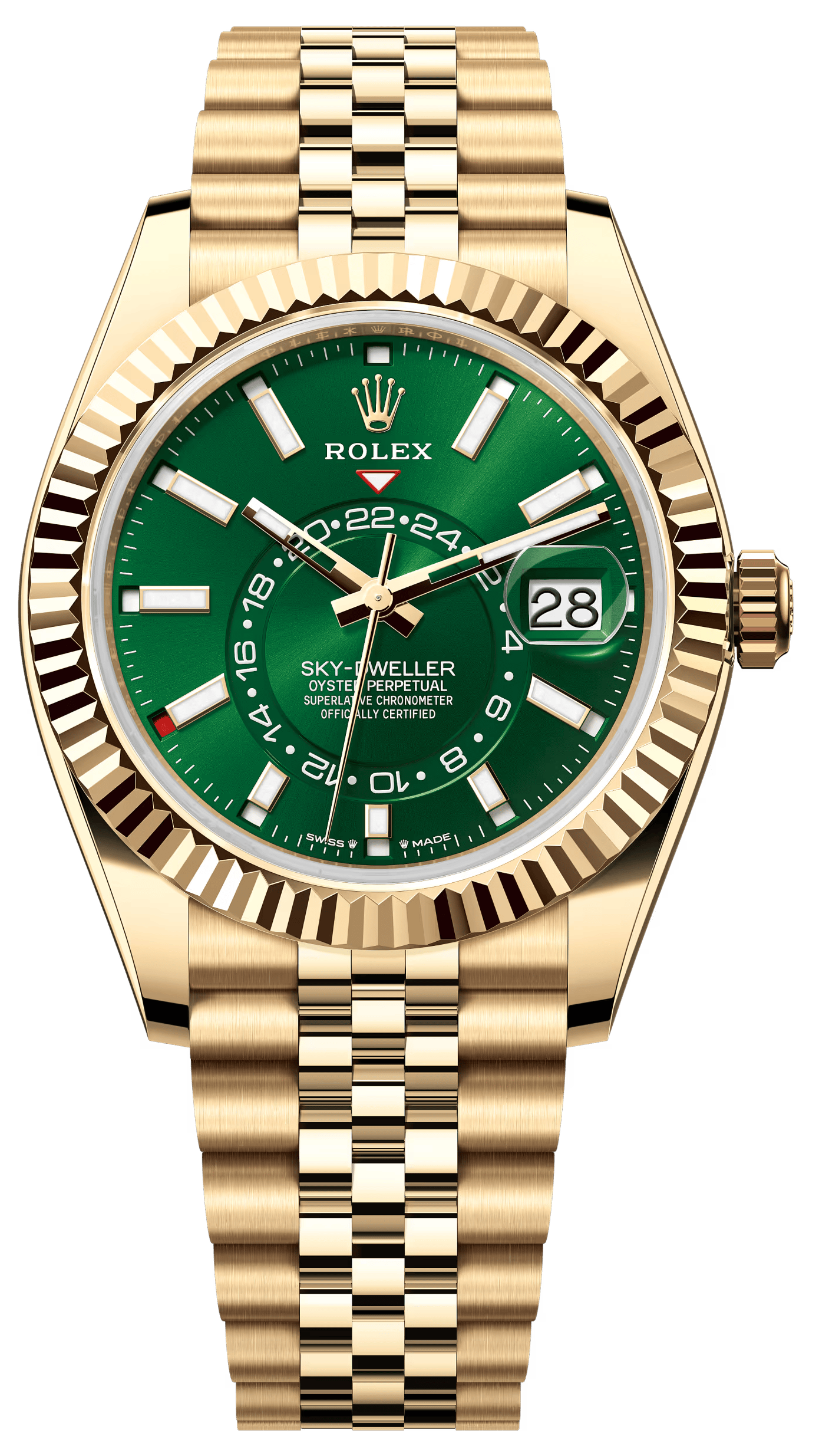 Rolex Sky-Dweller 42mm Yellow Gold Bright Green Dial Jubilee Bracelet
