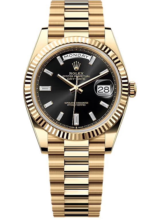 Rolex Yellow Gold President Day Date 40mm Black Diamond Baguette Dial - 228238 - New 2025 / 2026