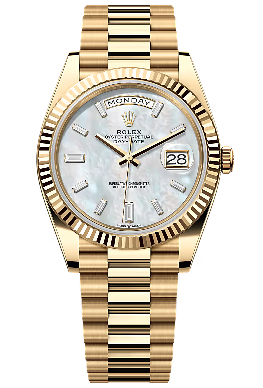 Rolex Yellow Gold President Day Date 40mm Mother of Pearl Diamond Baguette Dial - 228238 - New 2025