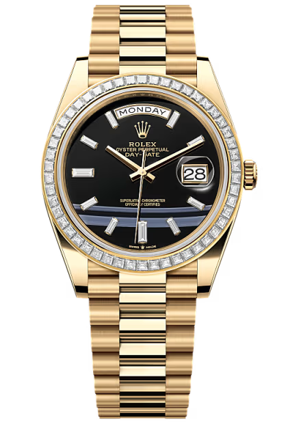 Rolex Yellow Gold President Day Date 40mm Onyx Diamond Dial Trapeze Diamond Bezel – 228398TBR – New 2026
