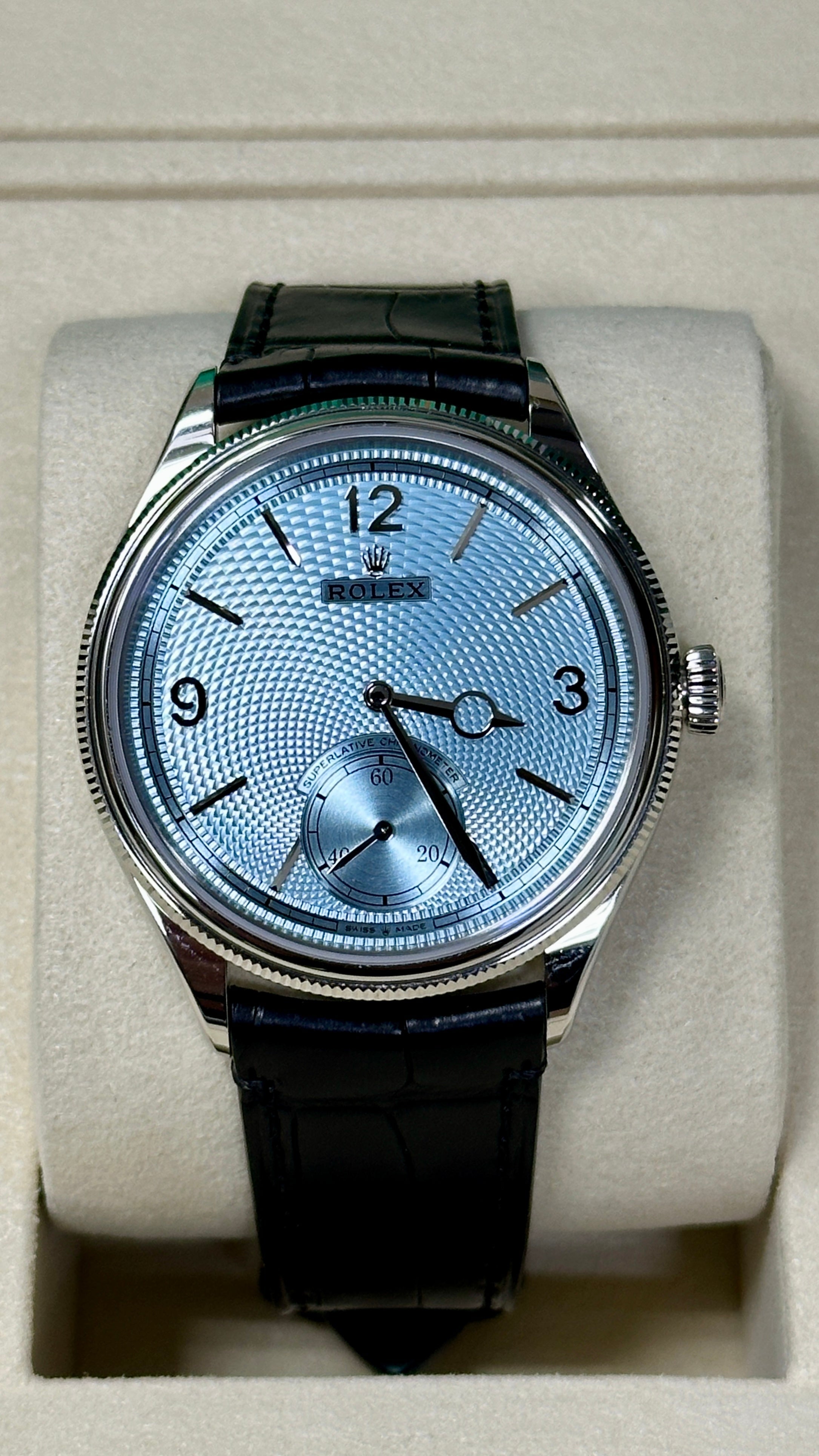 Rolex 1908 Platinum Ice Blue Dial Black Alligator Strap 52506 – New 2026