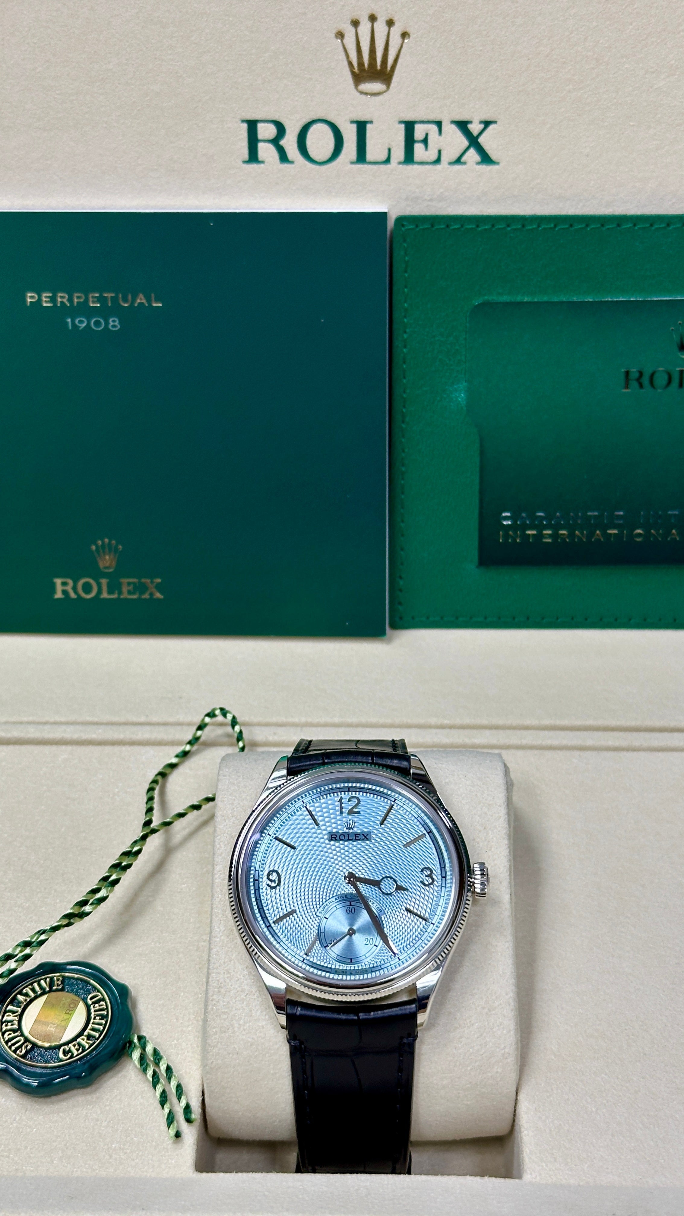 Rolex 1908 Platinum Ice Blue Dial Black Alligator Strap 52506 – New 2026
