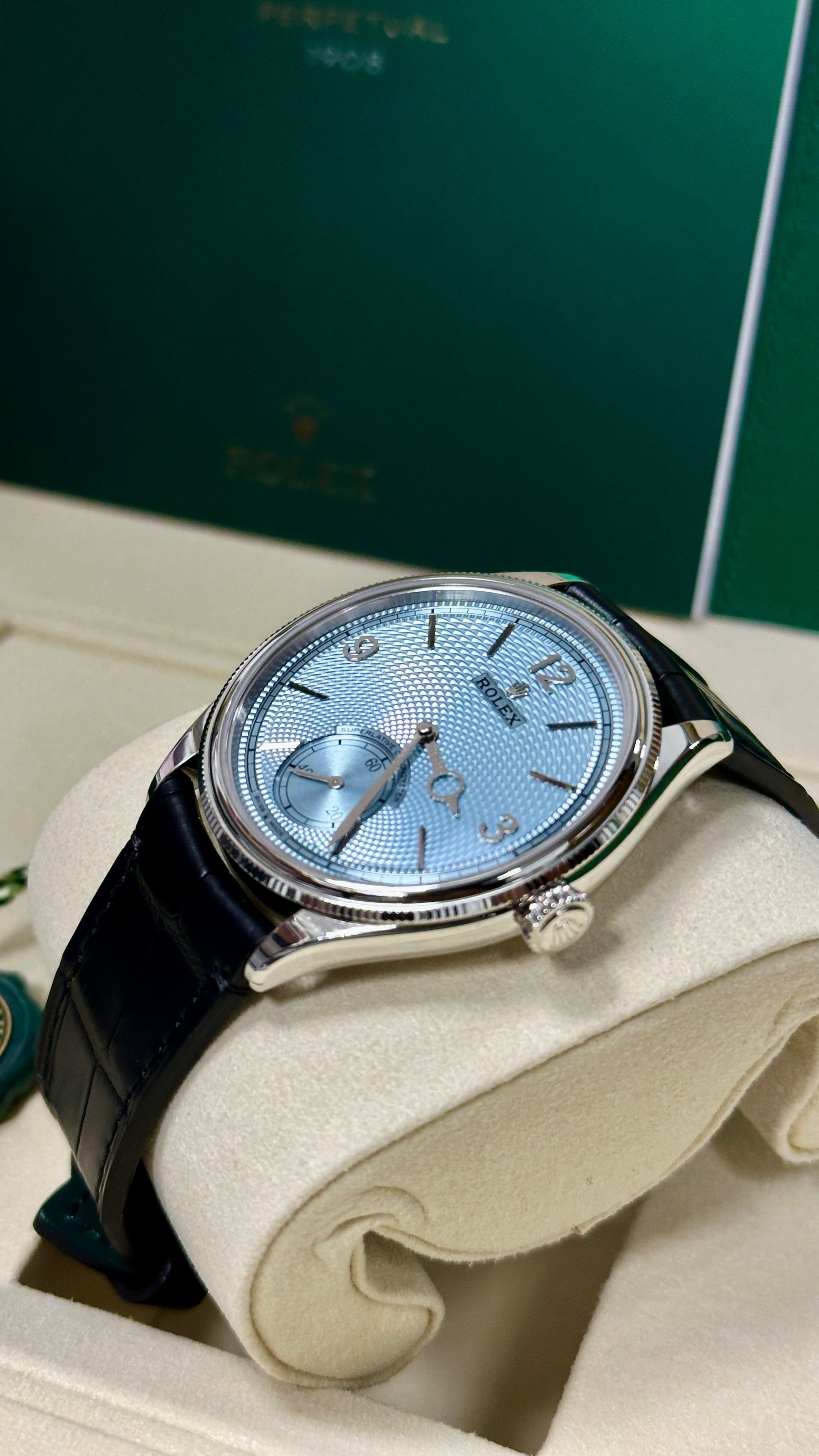 Rolex 1908 Platinum Ice Blue Dial Black Alligator Strap 52506 – New 2026