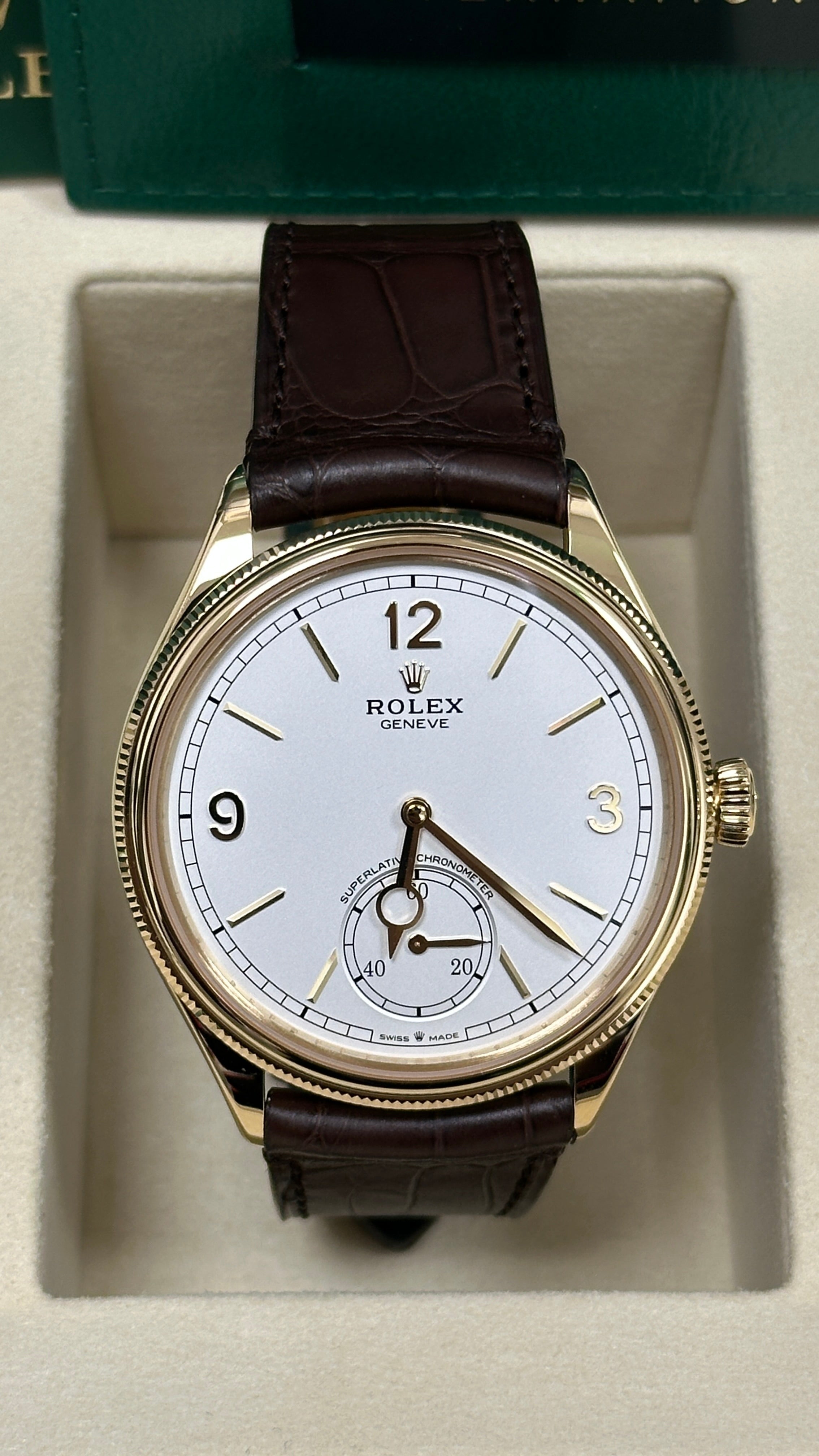 Rolex 1908 Yellow Gold White Dial Brown Alligator Strap 52508 – New 2026