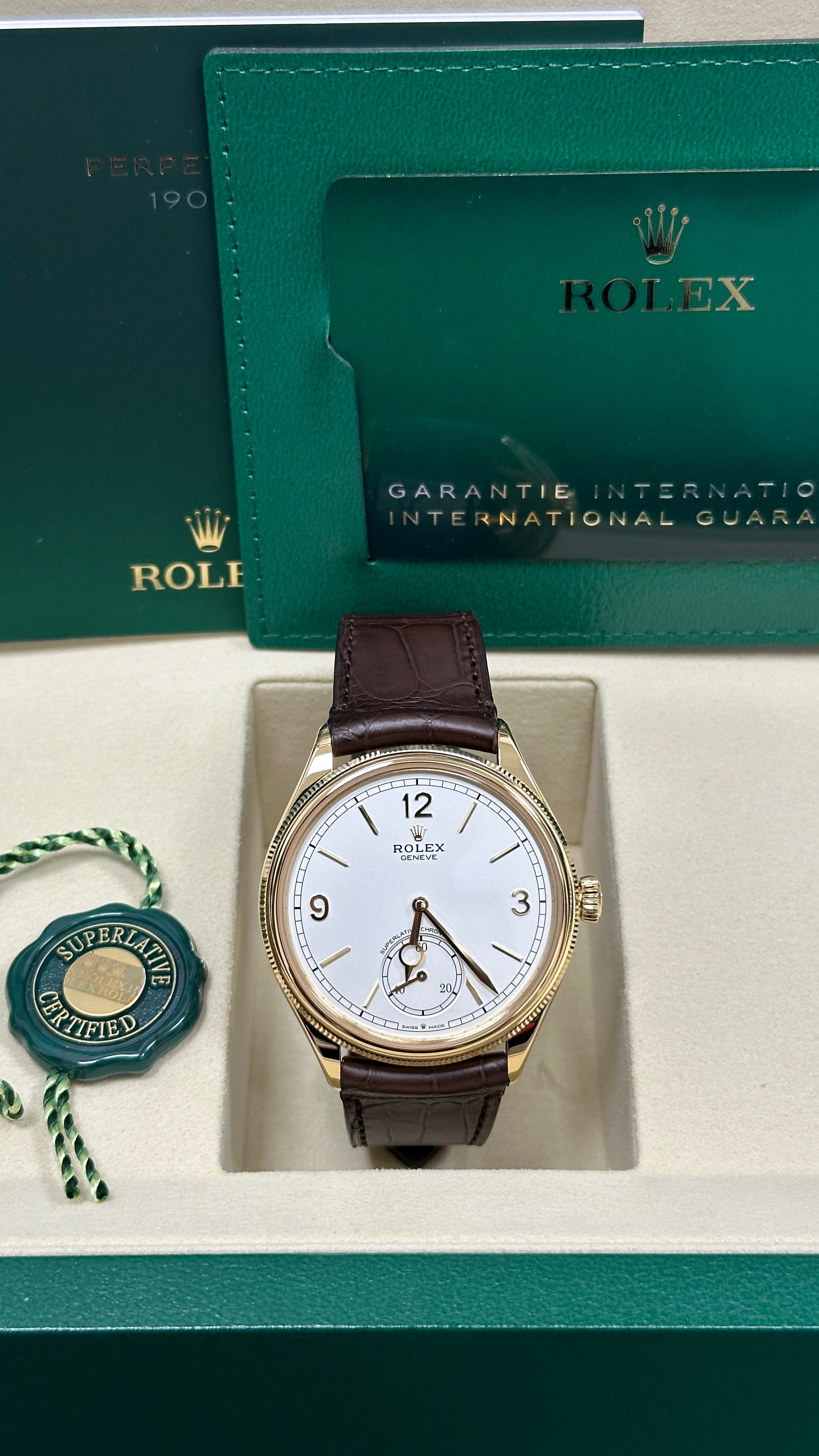 Rolex 1908 Yellow Gold White Dial Brown Alligator Strap 52508 – New 2026