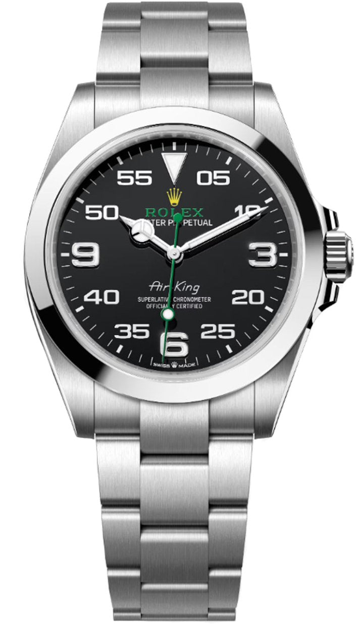 Rolex Air-King 126900 front view with black aviation-inspired dial.