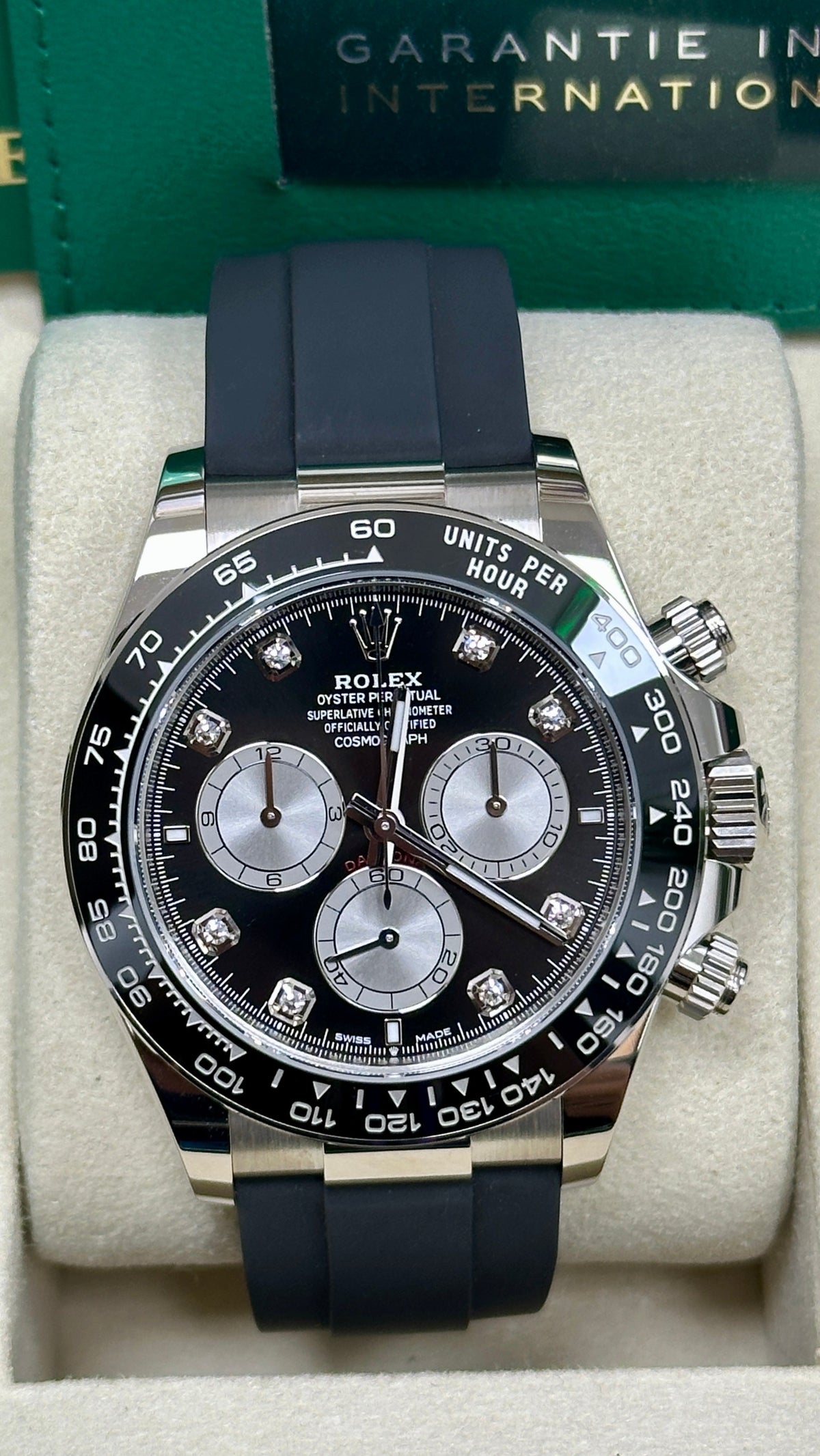 Rolex Cosmograph Daytona 40mm White Gold Black Diamond Dial Oysterflex 126519LN