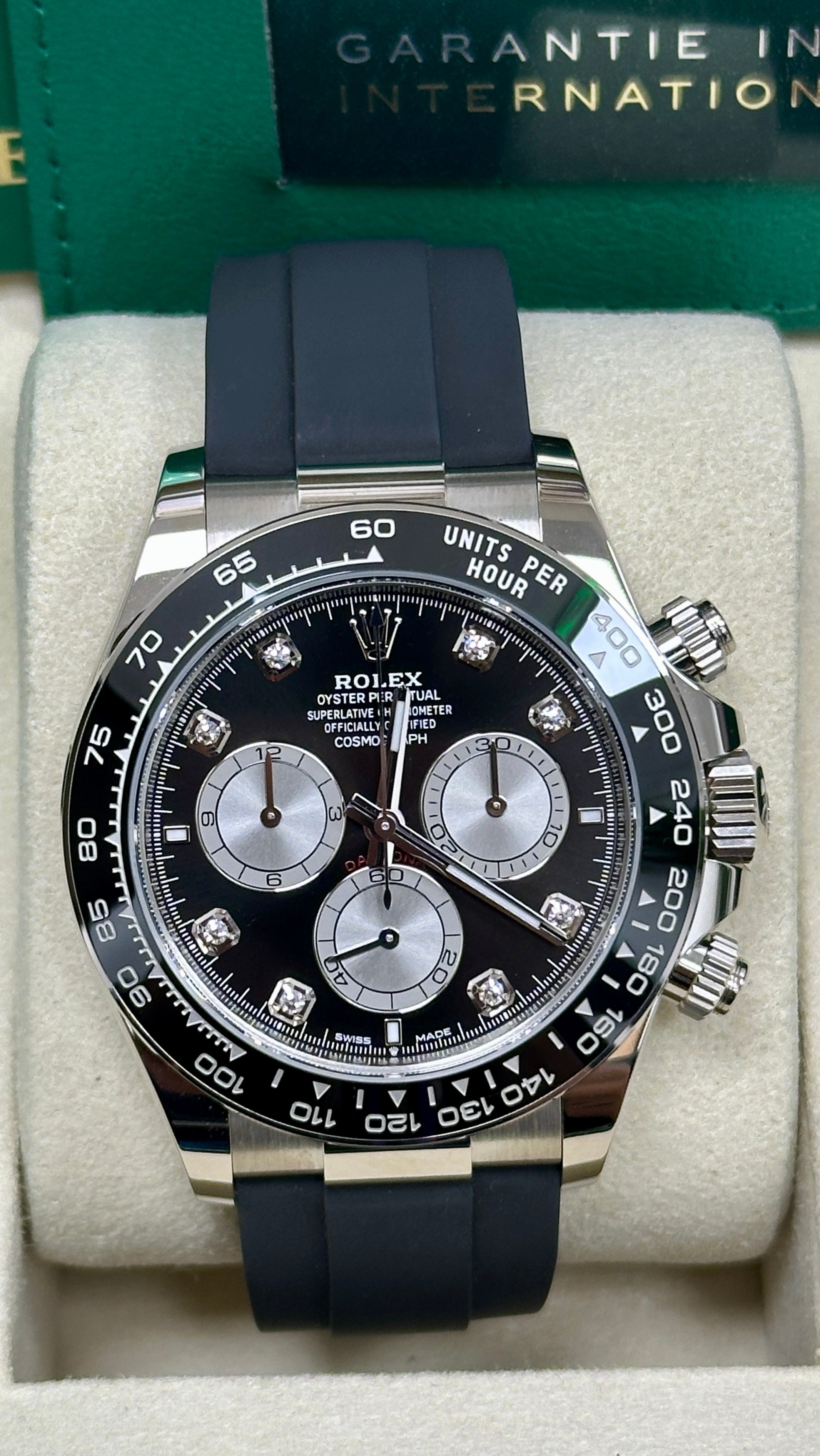 Rolex Cosmograph Daytona 40mm White Gold Black Diamond Dial Oysterflex 126519LN