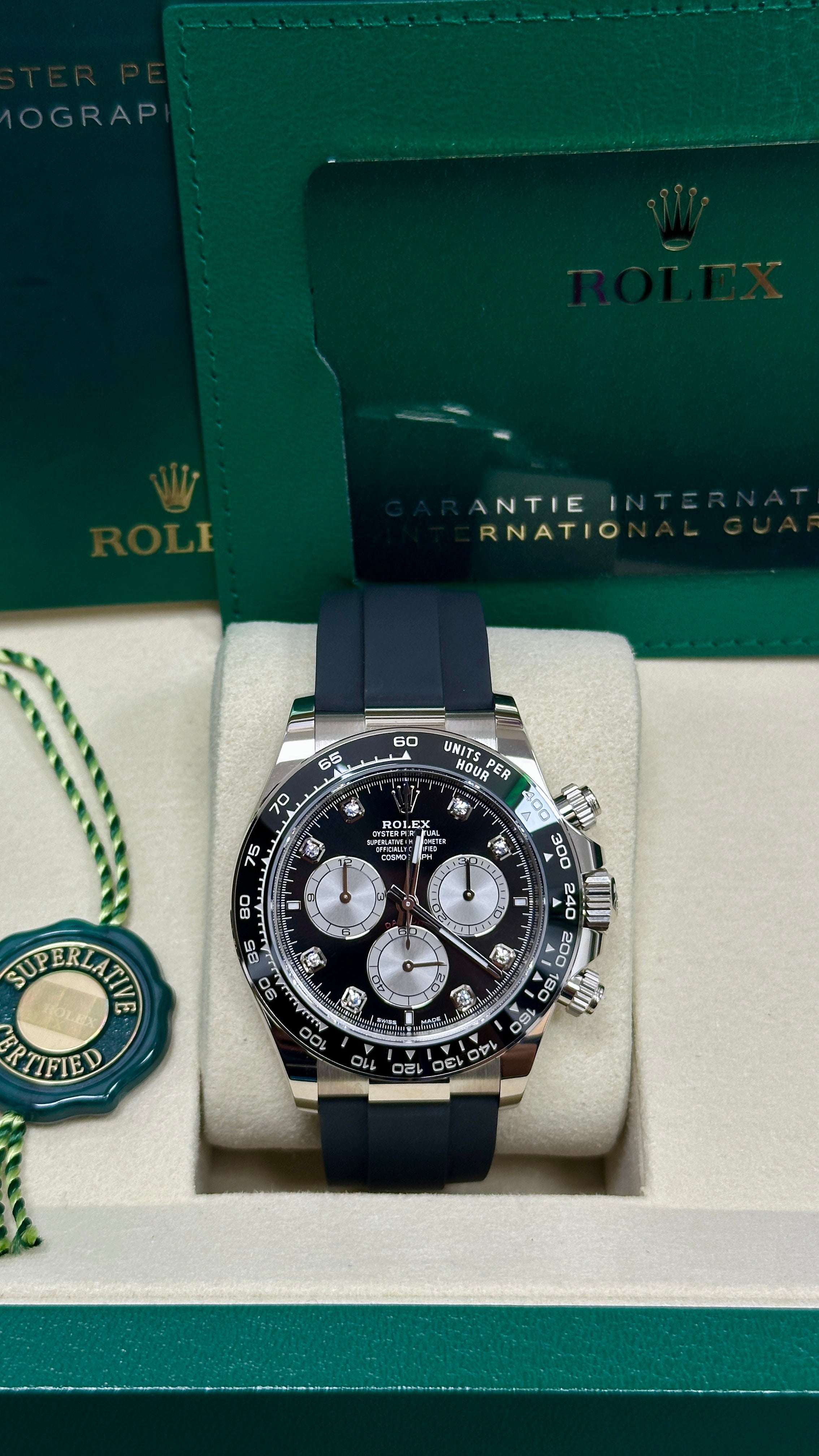 Rolex Cosmograph Daytona 40mm White Gold Black Diamond Dial Oysterflex 126519LN
