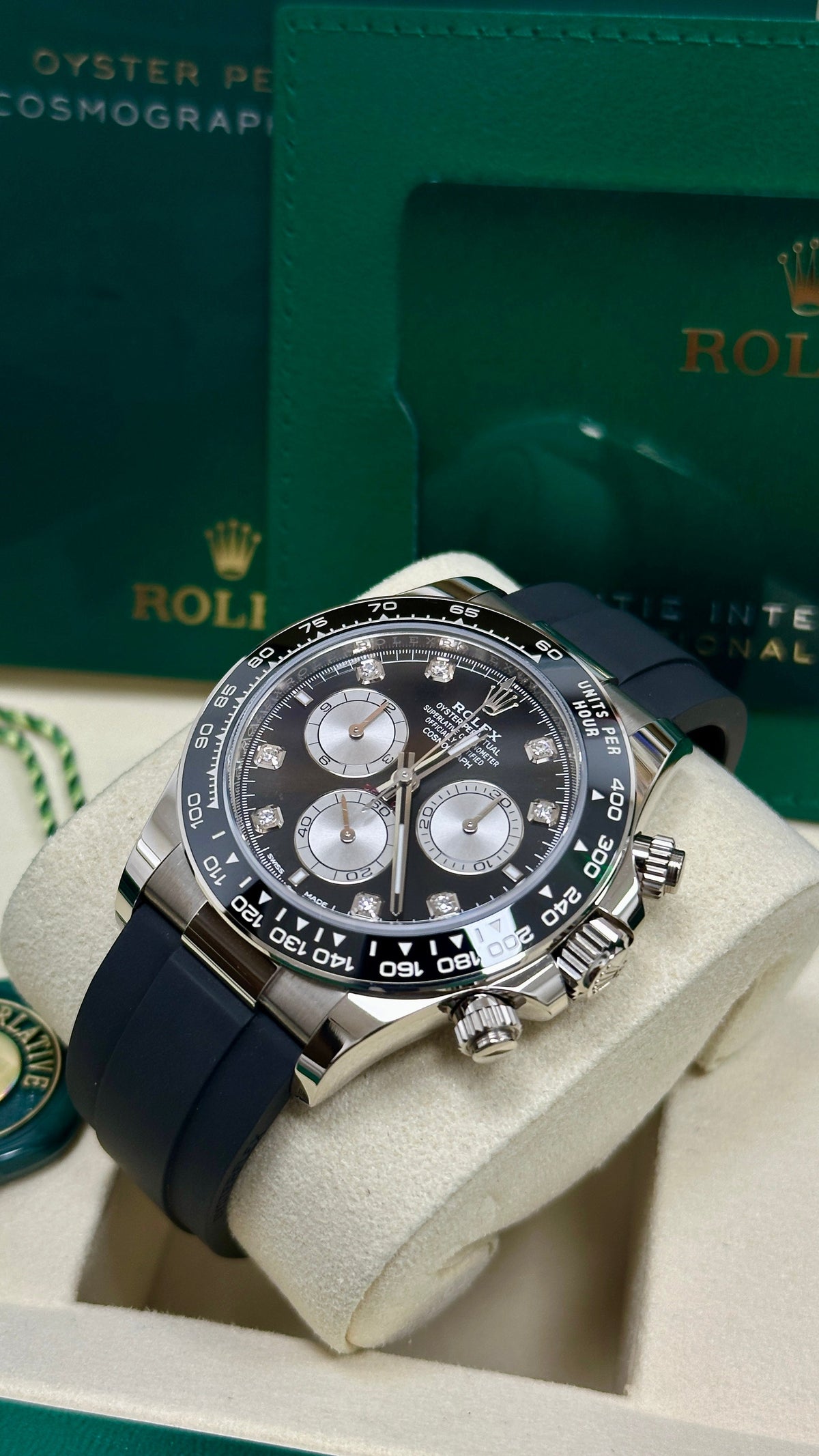 Rolex Cosmograph Daytona 40mm White Gold Black Diamond Dial Oysterflex 126519LN
