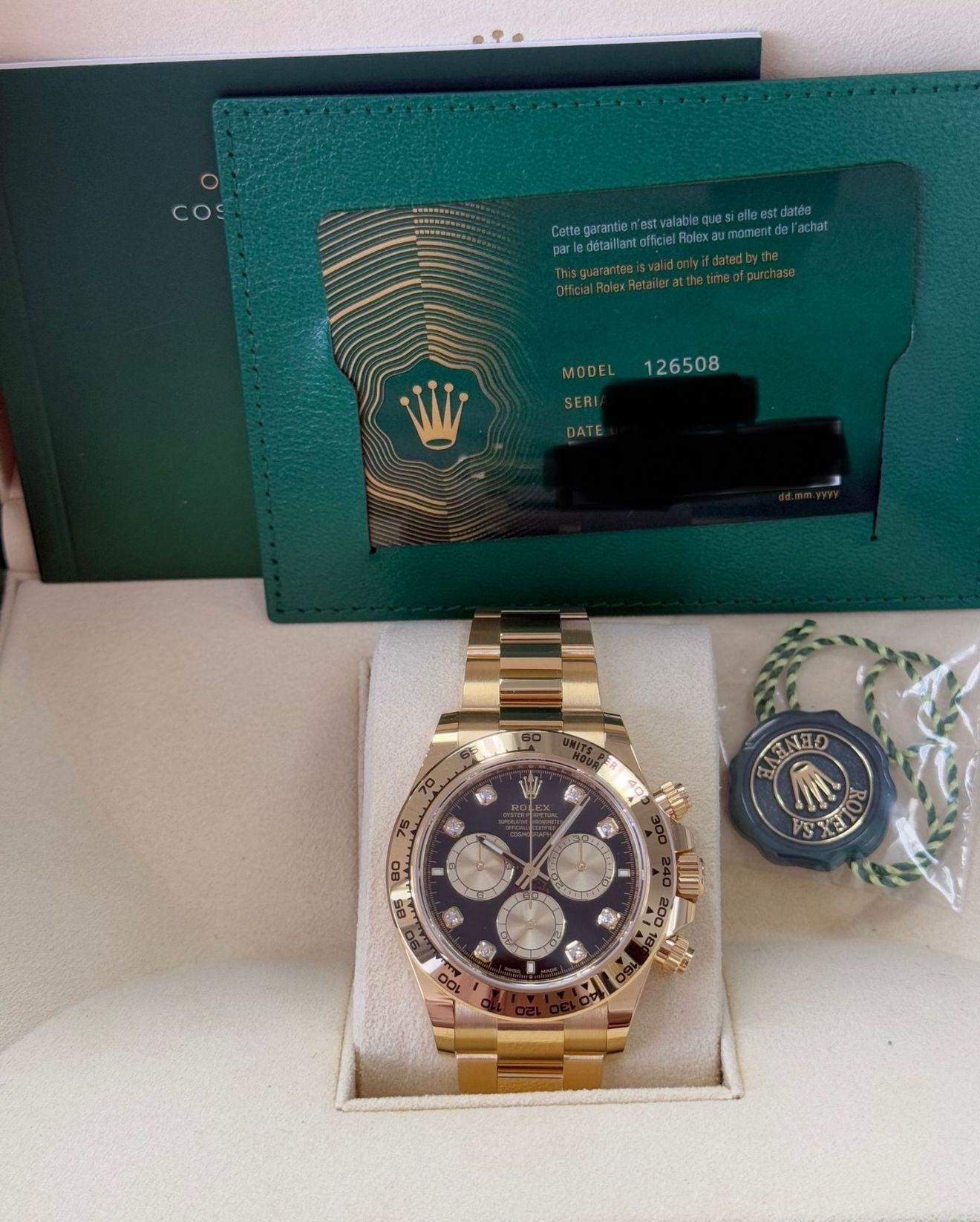 Rolex Cosmograph Daytona 40mm Yellow Gold Black Diamond Dial 126508