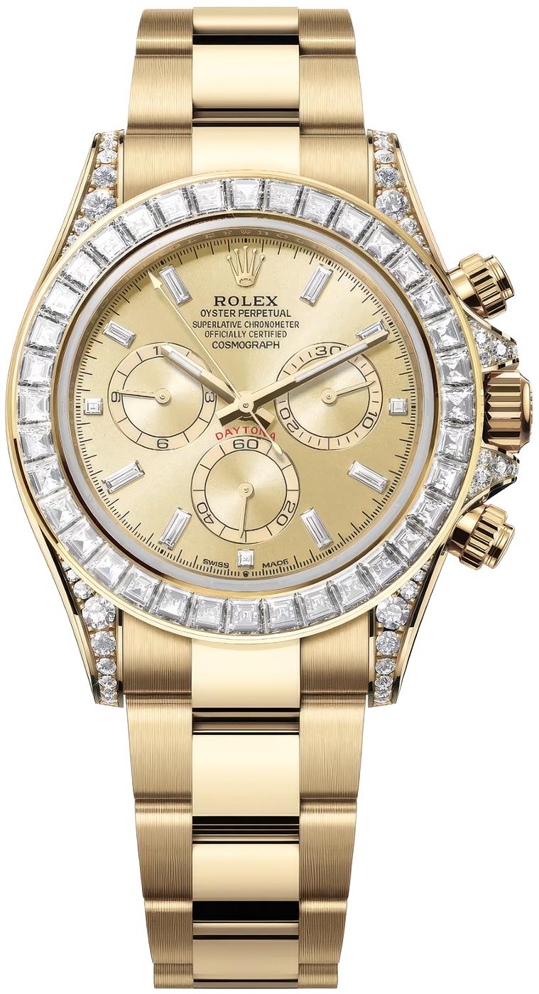 Rolex Cosmograph Daytona 40mm Yellow Gold Champagne Diamond Baguette Dial
