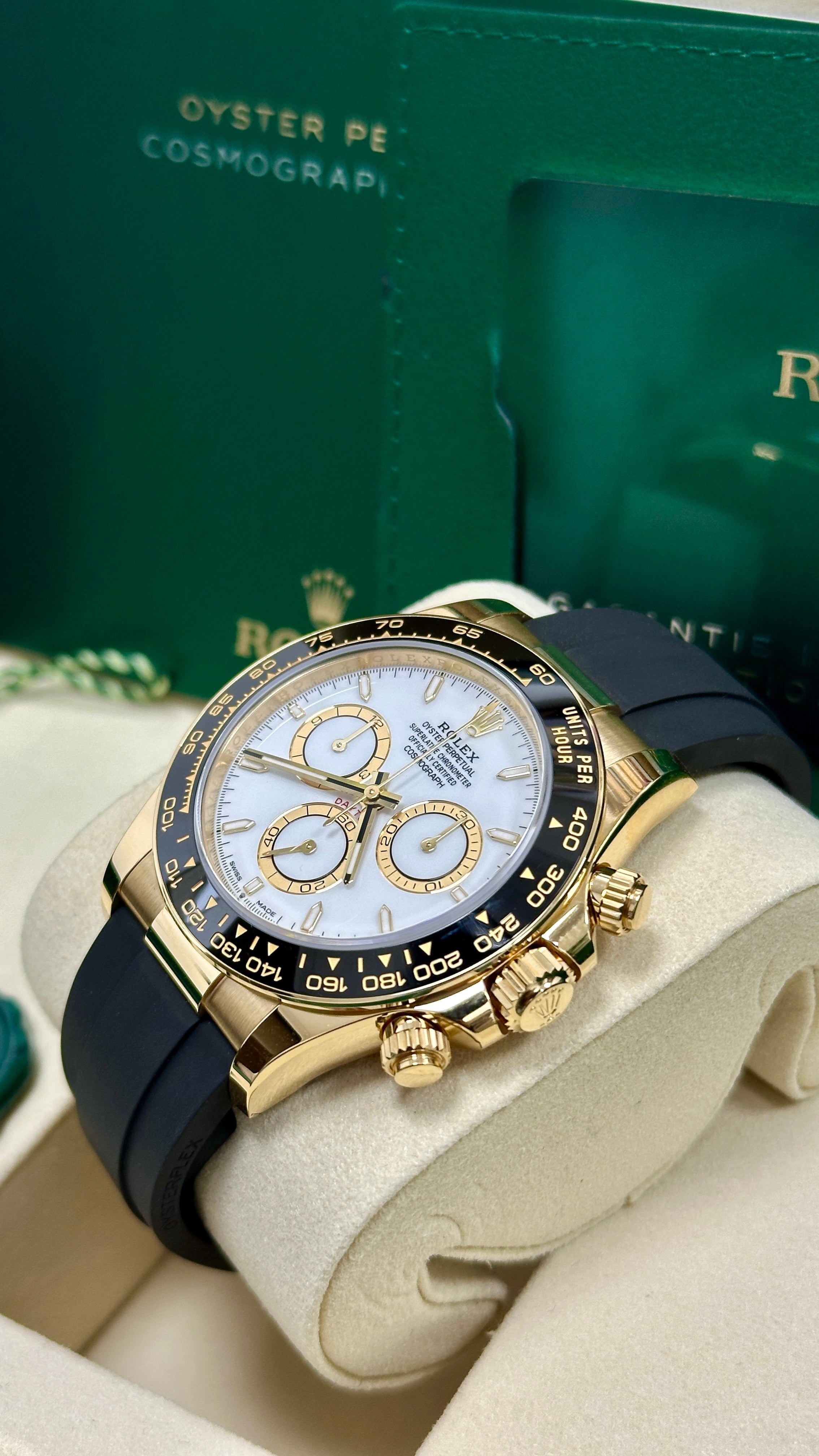 Rolex Cosmograph Daytona 40mm Yellow Gold White Dial Black Ceramic Bezel
