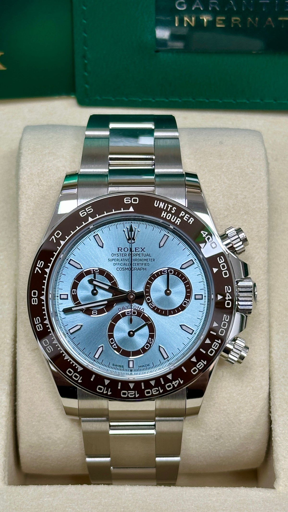 Rolex Cosmograph Daytona "Platona" 40mm Platinum Ice Blue Dial 126506 – New