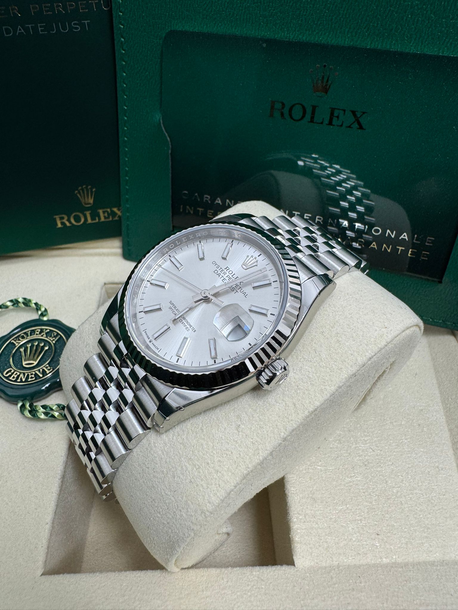 Rolex Datejust 126234 Silver Index Dial White Gold Fluted Bezel – Front View