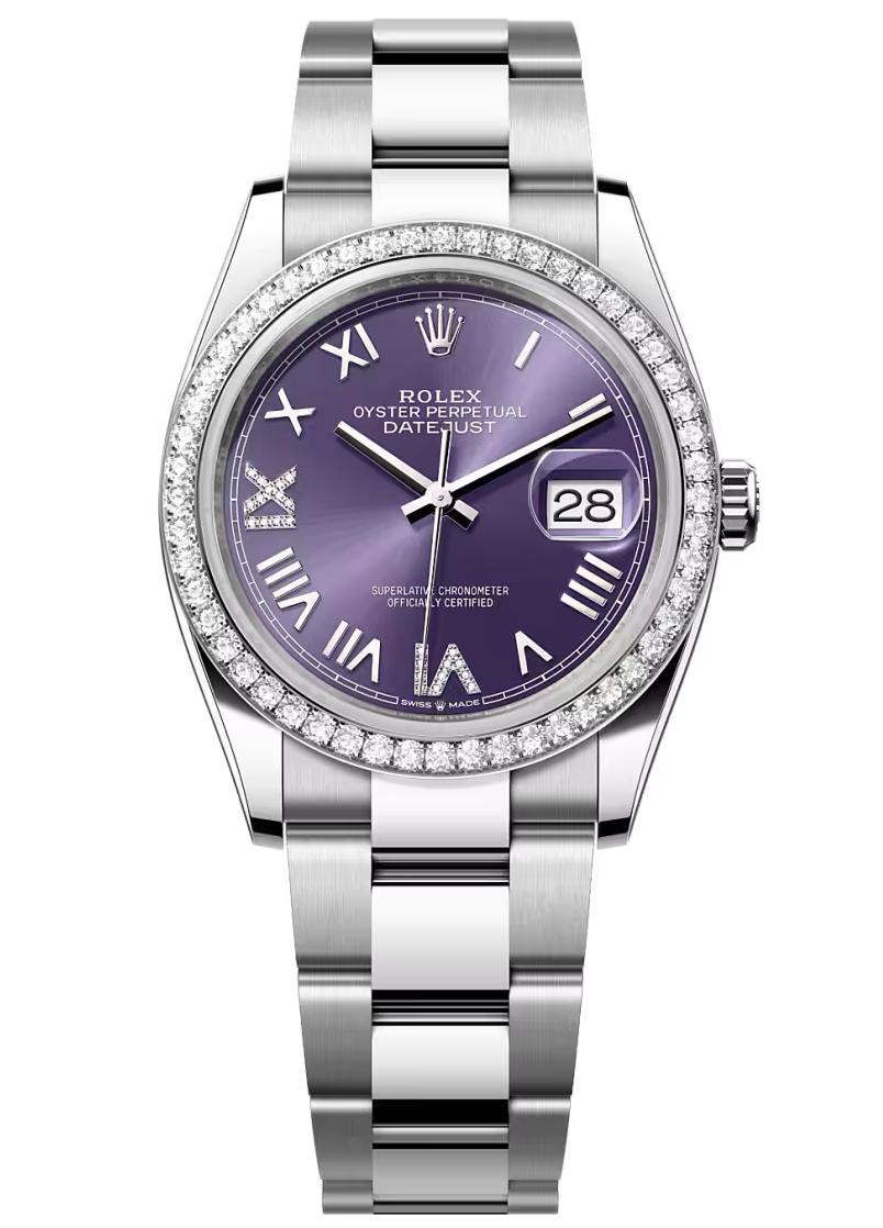 Rolex Datejust 36 Aubergine Roman Diamond Dial Diamond Bezel Oyster Bracelet