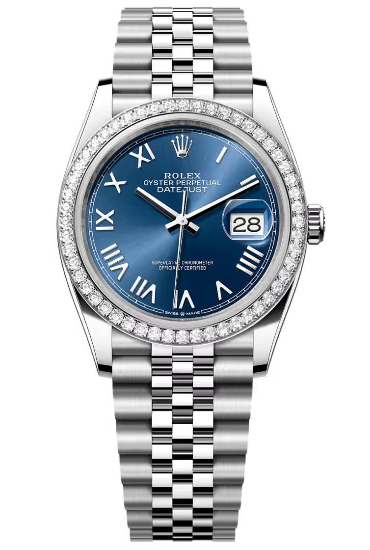 Rolex Datejust 36 Blue Roman Dial Diamond Bezel Jubilee Bracelet 126284RBR – New