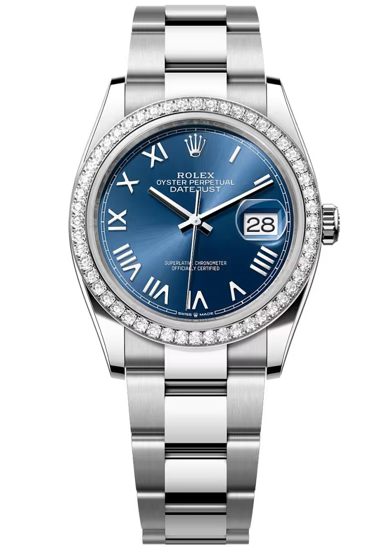 Rolex Datejust 36 Blue Roman Dial Diamond Bezel Oyster Bracelet 126284RBR – New