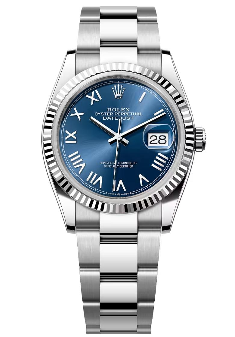 Rolex Datejust 36 Bright Blue Roman Dial Fluted Bezel Oyster Bracelet 126234