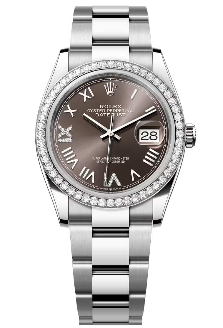 Rolex Datejust 36 Dark Grey Roman Diamond Dial Diamond Bezel Oyster Bracelet