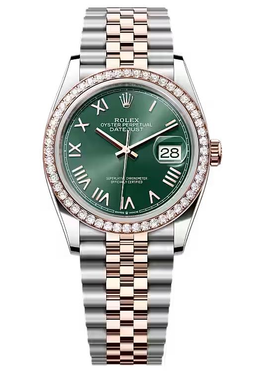 Rolex Datejust 36 Everose Rolesor Green Roman Dial Diamond Bezel Jubilee
