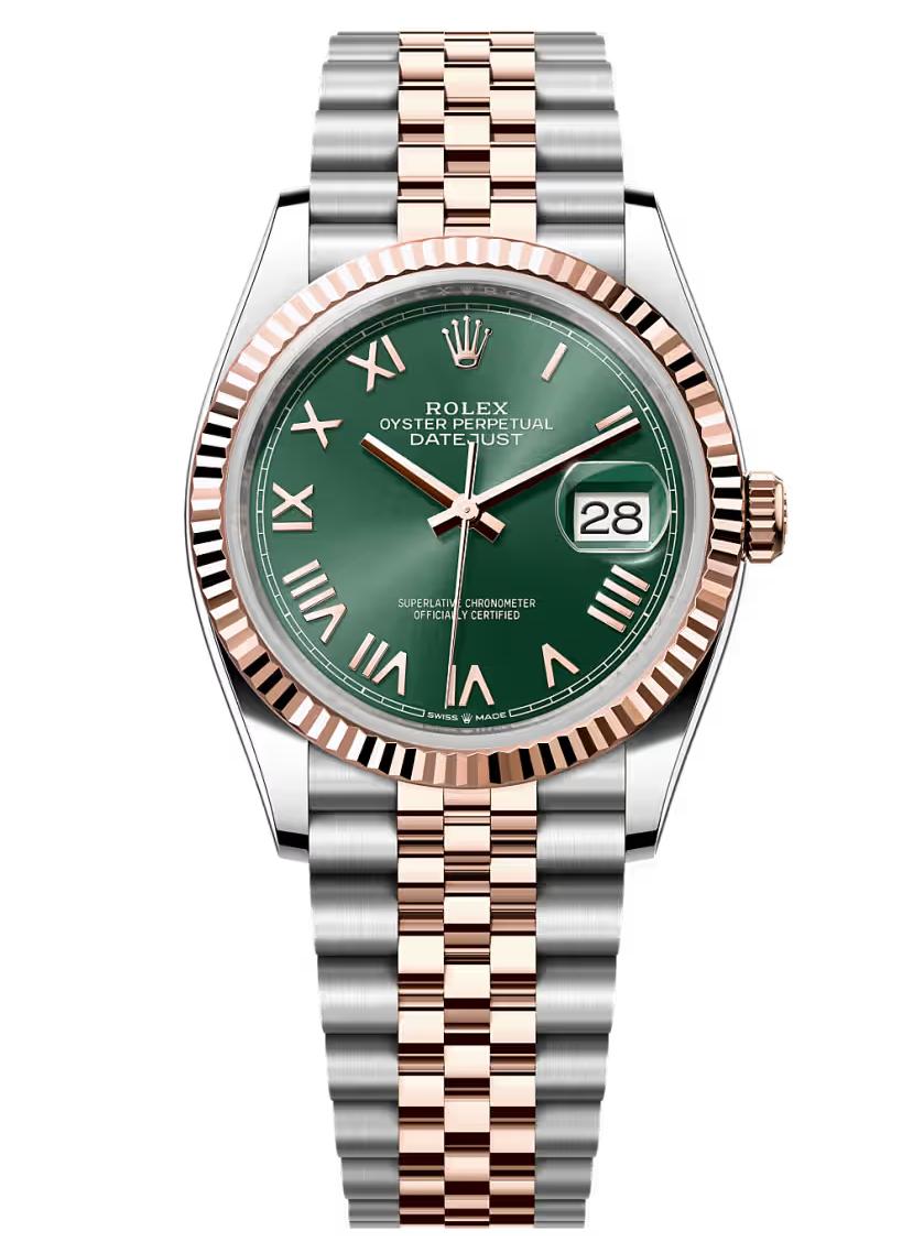 Rolex Datejust 36 Everose Rolesor Mint Green Roman Dial Fluted Bezel Jubilee