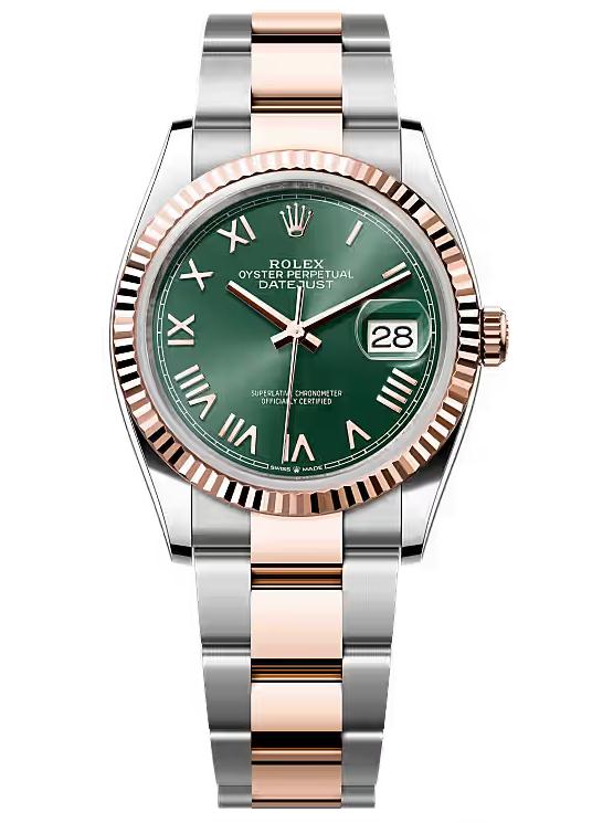 Rolex Datejust 36 Everose Rolesor Mint Green Roman Dial Fluted Bezel O