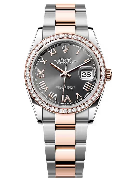 Rolex Datejust 36 Everose Rolesor Slate Diamond Roman Dial Diamond Bezel Oyster