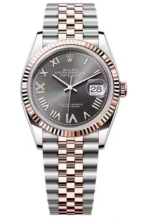 Rolex Datejust 36 Everose Rolesor Slate Diamond Roman Dial Fluted Bezel Jubilee