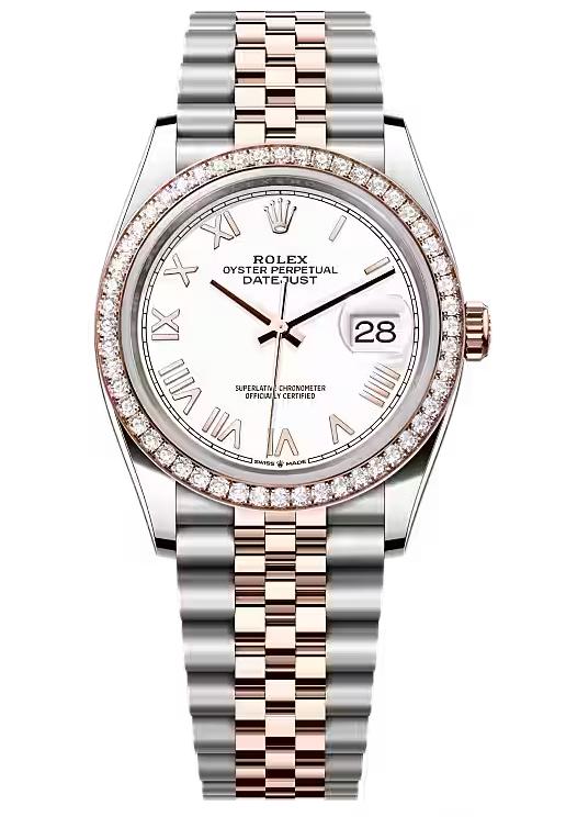 Rolex Datejust 36 Everose Rolesor White Roman Dial Diamond Bezel Jubilee