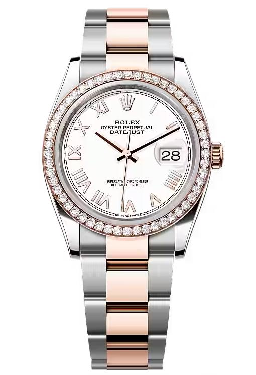 Rolex Datejust 36 Everose Rolesor White Roman Dial Diamond Bezel Oyster Bracelet