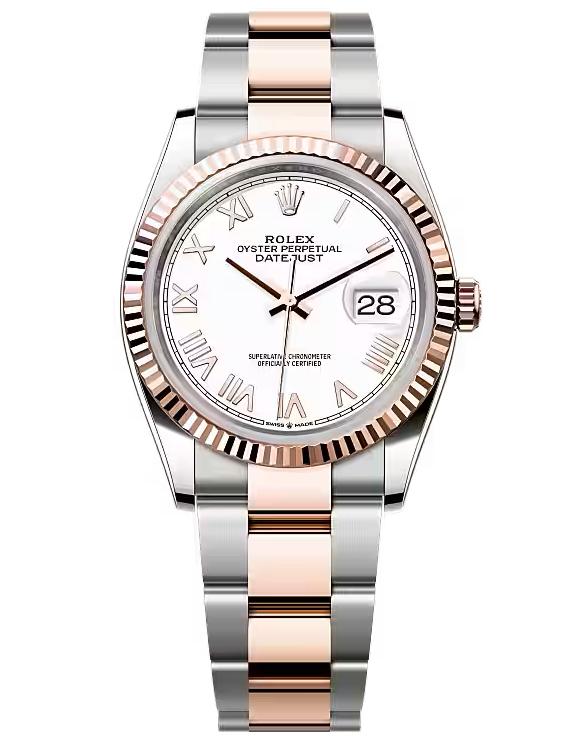 Rolex Datejust 36 Everose Rolesor White Roman Dial Fluted Bezel Oyster