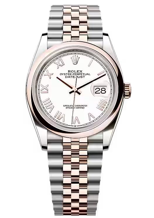 Rolex Datejust 36 Everose Rolesor White Roman Dial Smooth Bezel Jubilee