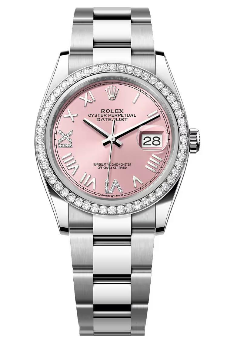 Rolex Datejust 36 Pink Roman Diamond Dial Diamond Bezel Oyster Bracelet