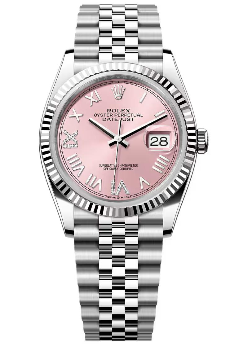 Rolex Datejust 36 Pink Roman Diamond Dial Fluted Bezel Jubilee Bracelet 126234