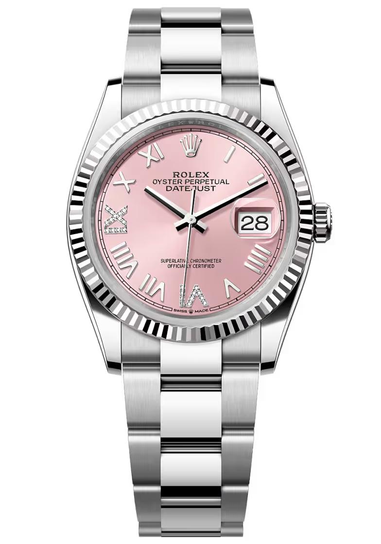 Rolex Datejust 36 Pink Roman Diamond Dial Fluted Bezel Oyster Bracelet