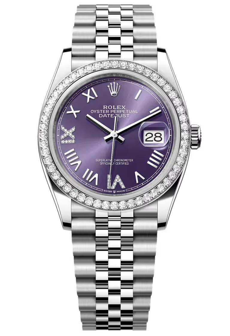 Rolex Datejust 36 Aubergine Roman Diamond Dial Diamond Bezel Jubilee Bracelet