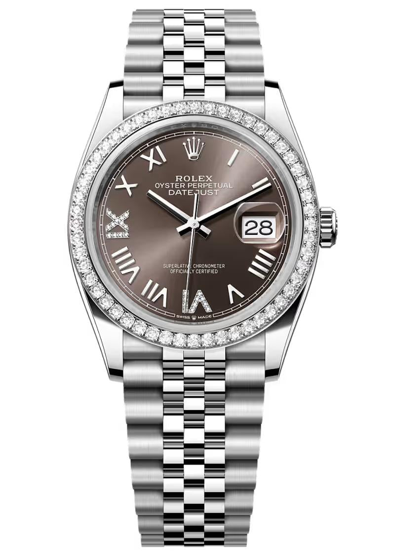Rolex Datejust 36 Dark Grey Roman Diamond Dial Diamond Bezel Jubilee Bracelet