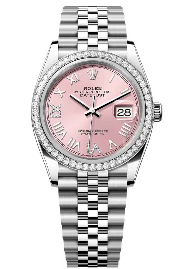 Rolex Datejust 36 Pink Roman Diamond Dial Diamond Bezel Jubilee Bracelet