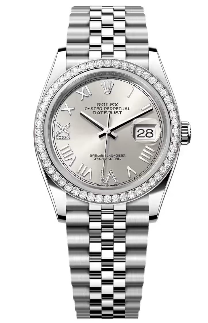 Rolex Datejust 36 Silver Roman Diamond Dial Diamond Bezel Jubilee Bracelet