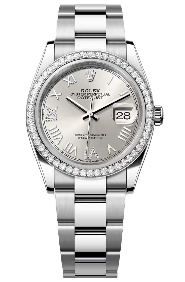 Rolex Datejust 36 Silver Roman Diamond Dial Diamond Bezel Oyster Bracelet
